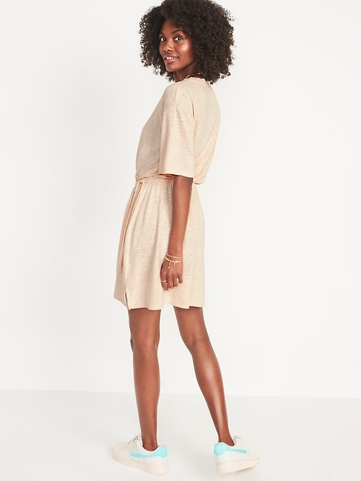 Image number 2 showing, Waist-Defined Short-Sleeve Linen-Blend Mini Dress for Women