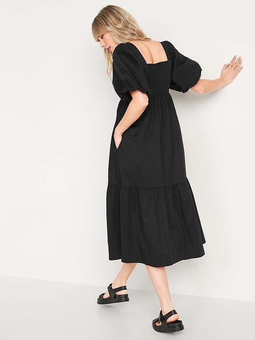 Image number 7 showing, Fit & Flare Puff-Sleeve Cotton-Poplin Smocked All-Day Midi Dress for Women