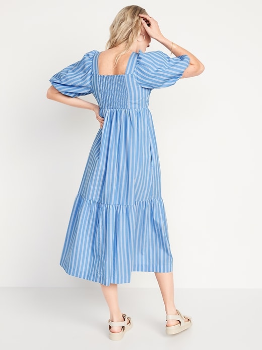 Fit & Flare Puff-Sleeve Cotton-Poplin Smocked All-Day Midi Dress