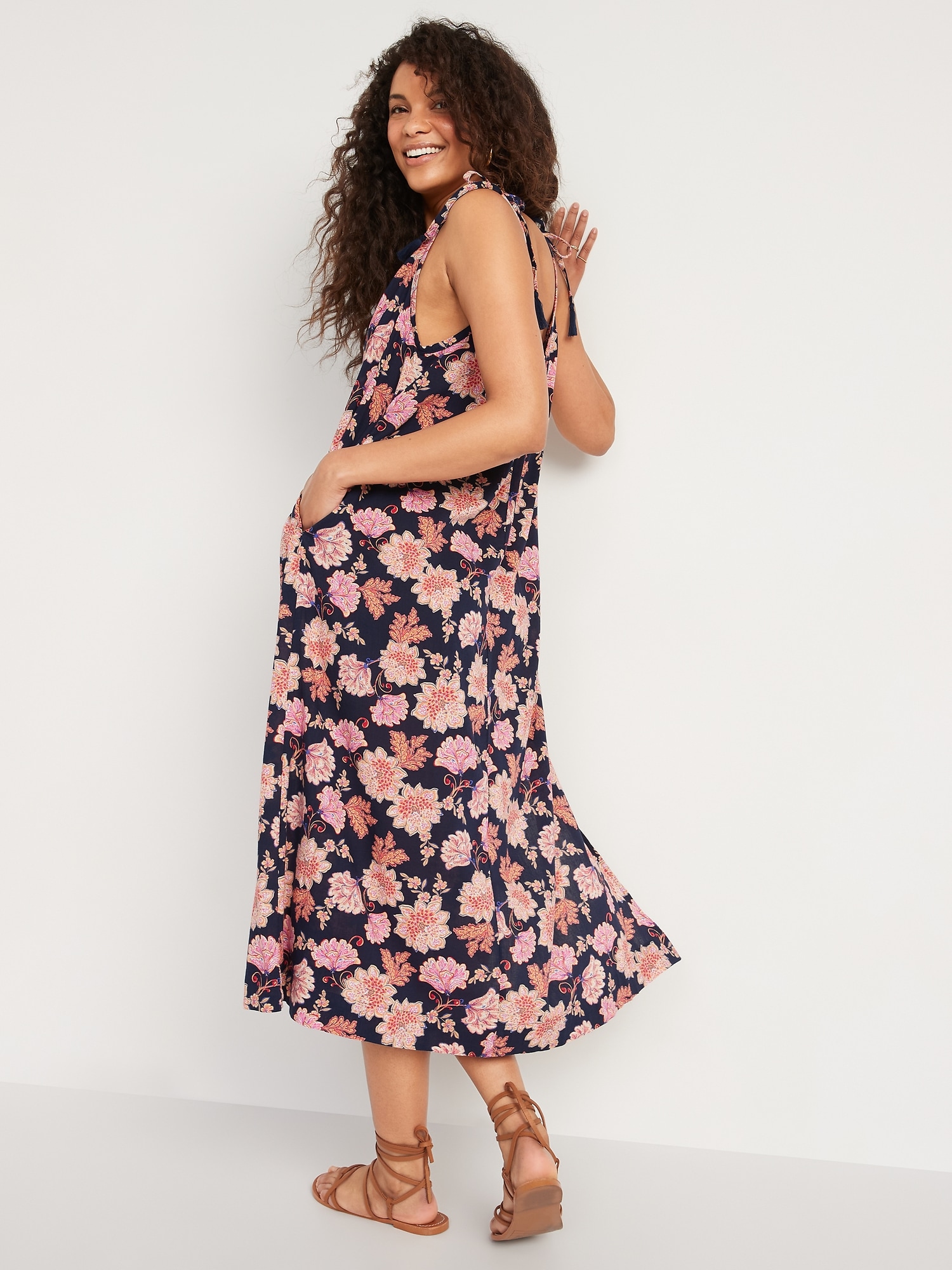 Tie-Shoulder Tasseled Floral-Print All-Day Maxi Swing Dress for Women ...