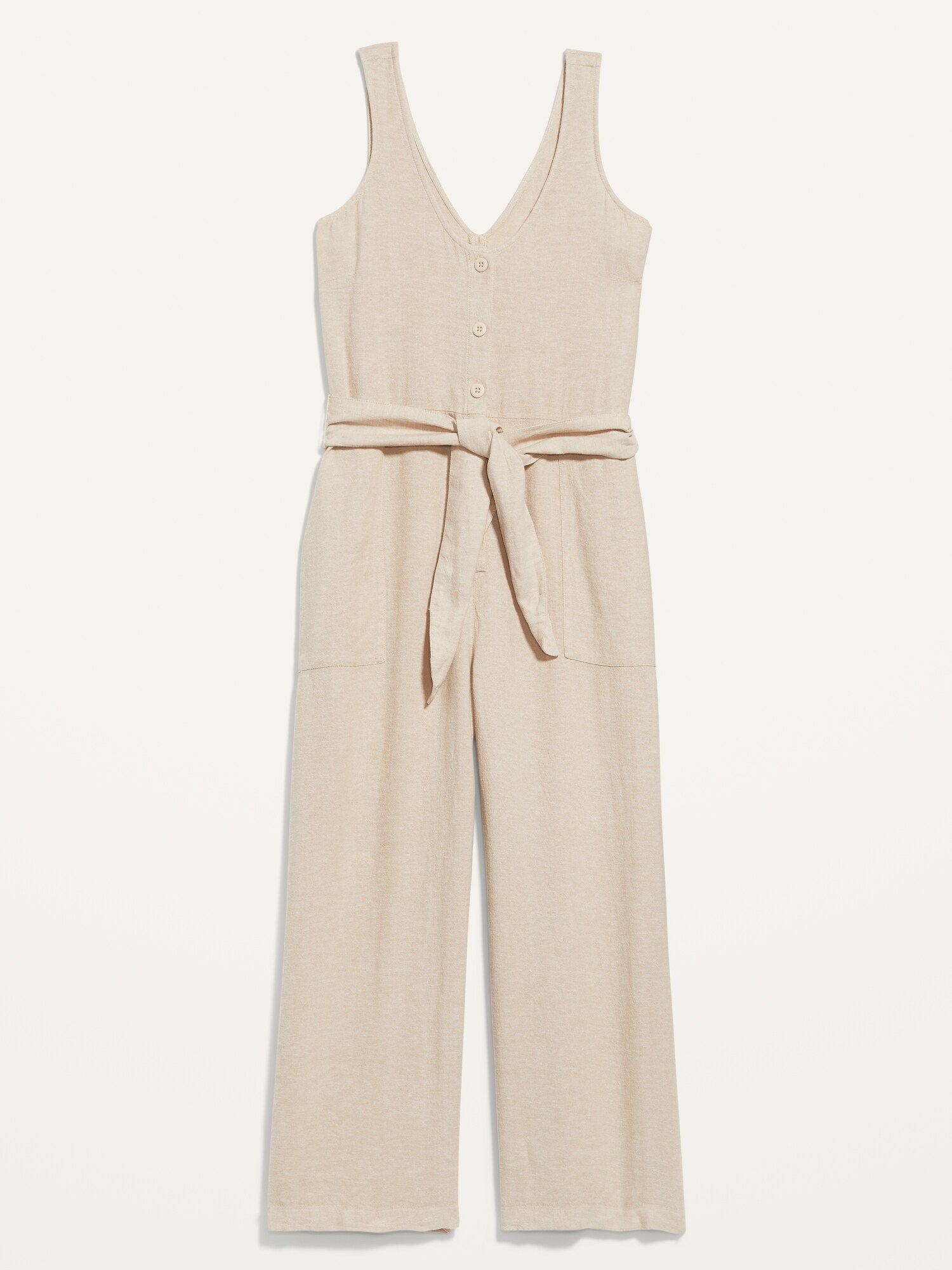 Sleeveless Voop-Neck Cropped Waist-Defined Linen-Blend Jumpsuit | Old Navy