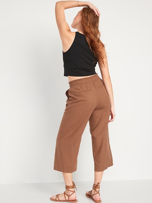 Image number 2 showing, High-Waisted Lettuce-Edge Linen-Blend Culotte Pants for Women