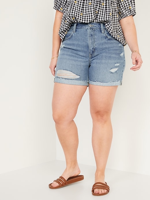 Image number 5 showing, High-Waisted Slouchy Straight Non-Stretch Distressed Jean Shorts for Women -- 5-inch inseam