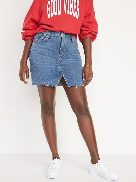 Image number 5 showing, High-Waisted Button-Fly O.G. Straight Split-Front Cut-Off Jean Mini Skirt