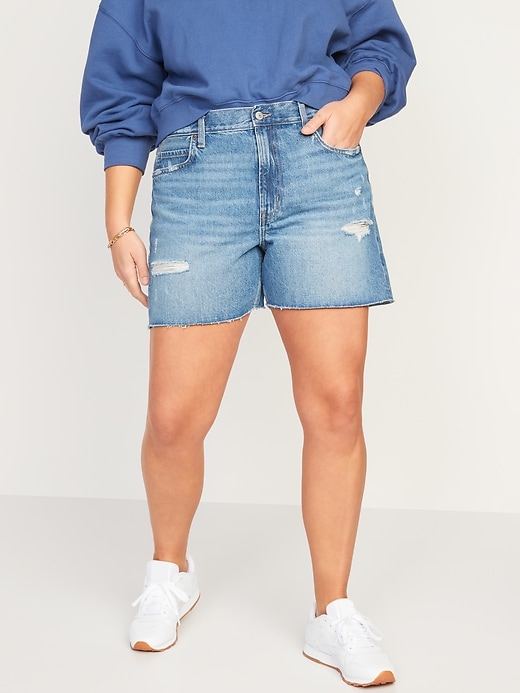 Image number 5 showing, High-Waisted Slouchy Straight Medium-Wash Cut-Off Non-Stretch Jean Shorts -- 5-inch inseam