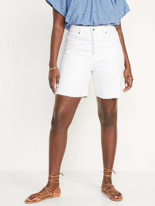 Image number 5 showing, Extra High-Waisted Button-Fly Sky-Hi Straight White Cut-Off Jean Shorts for Women -- 7-inch inseam