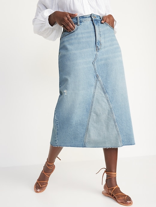 Image number 5 showing, Higher High-Waisted Light-Wash Cut-Off Jean Maxi Skirt