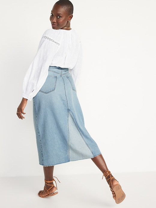 Image number 6 showing, Higher High-Waisted Light-Wash Cut-Off Jean Maxi Skirt