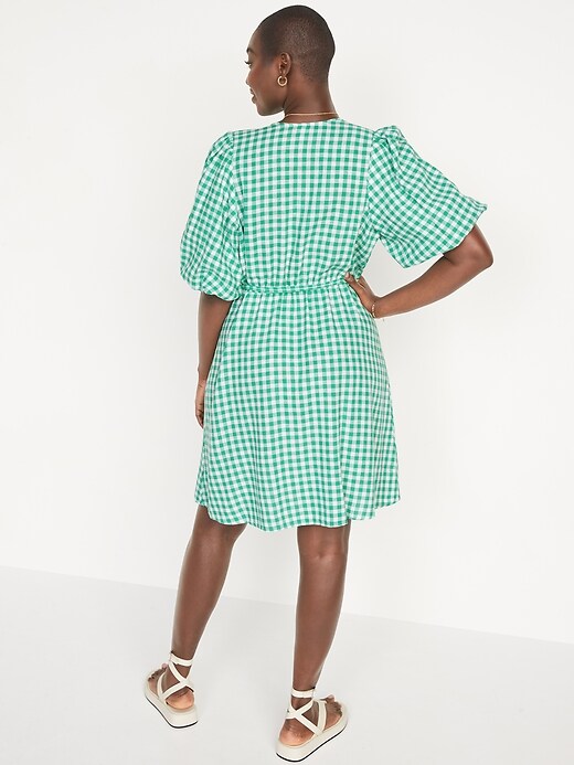 Image number 6 showing, Waist-Defined Puff-Sleeve Gingham Mini Wrap Dress