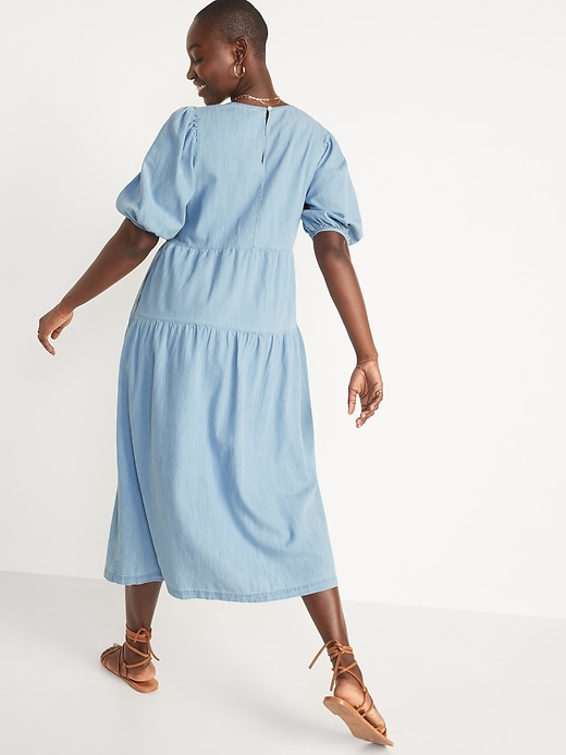 Image number 6 showing, Tiered Chambray Puff-Sleeve All-Day Midi Swing Dress for Women