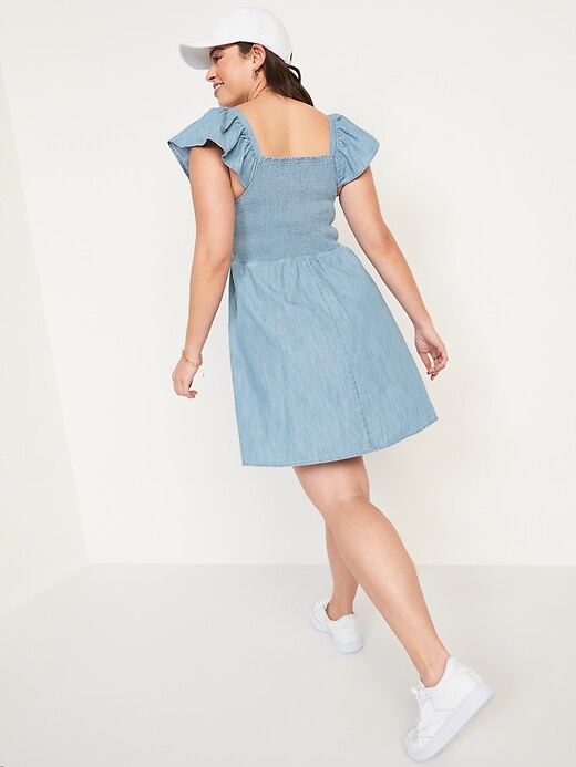 Image number 6 showing, Fit & Flare Flutter-Sleeve Smocked Chambray Mini Dress for Women