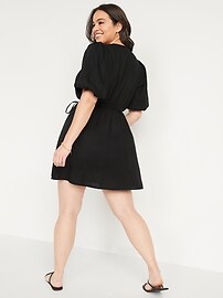 Waist-Defined Puff-Sleeve Linen-Blend Mini Wrap Dress for Women 