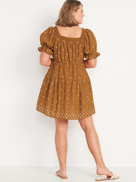 Image number 6 showing, Puff-Sleeve Tiered Smocked Embroidered Mini Swing Dress
