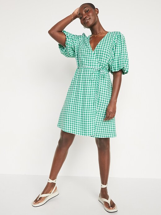 Image number 5 showing, Waist-Defined Puff-Sleeve Gingham Mini Wrap Dress