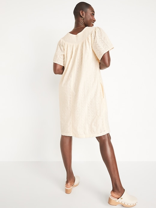 Image number 6 showing, Flutter-Sleeve Smocked Embroidered Mini Shift Dress for Women