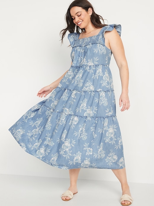 Image number 5 showing, Flutter-Sleeve Floral Tiered Smocked Midi Swing Dress
