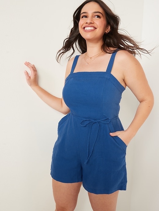 Sleeveless Waist-Defined Linen-Blend Utility Romper for Women