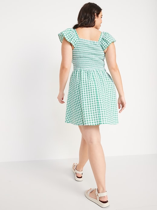 Fit & Flare Plaid Smocked Cutout Seersucker Mini Dress for Women