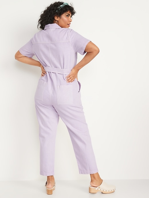 Image number 6 showing, Short-Sleeve Cropped Tie-Belt Utility Non-Stretch Jean Jumpsuit for Women