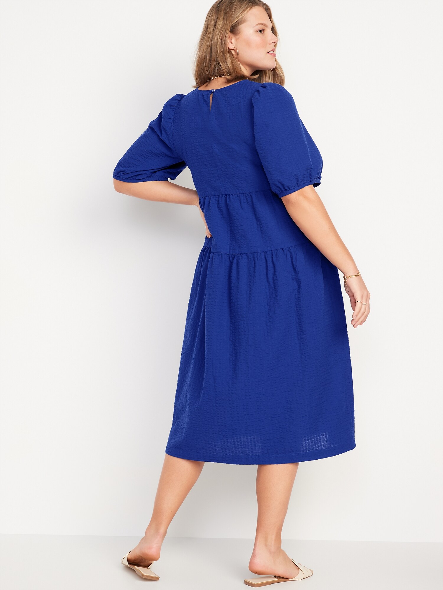 Tiered Puff-Sleeve All-Day Midi Swing Dress for Women | Old Navy
