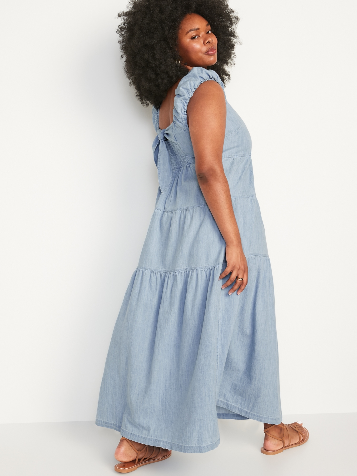 Chambray Tiered All Day Fit And Flare Maxi Dress Old Navy