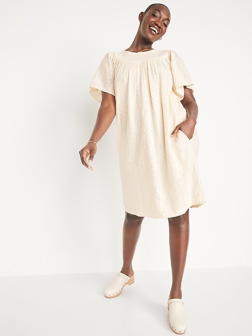 Image number 5 showing, Flutter-Sleeve Smocked Embroidered Mini Shift Dress for Women