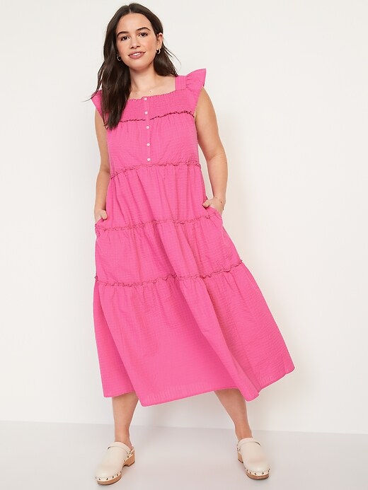 Image number 5 showing, Flutter-Sleeve Printed Tiered Smocked Midi Swing Dress for Women