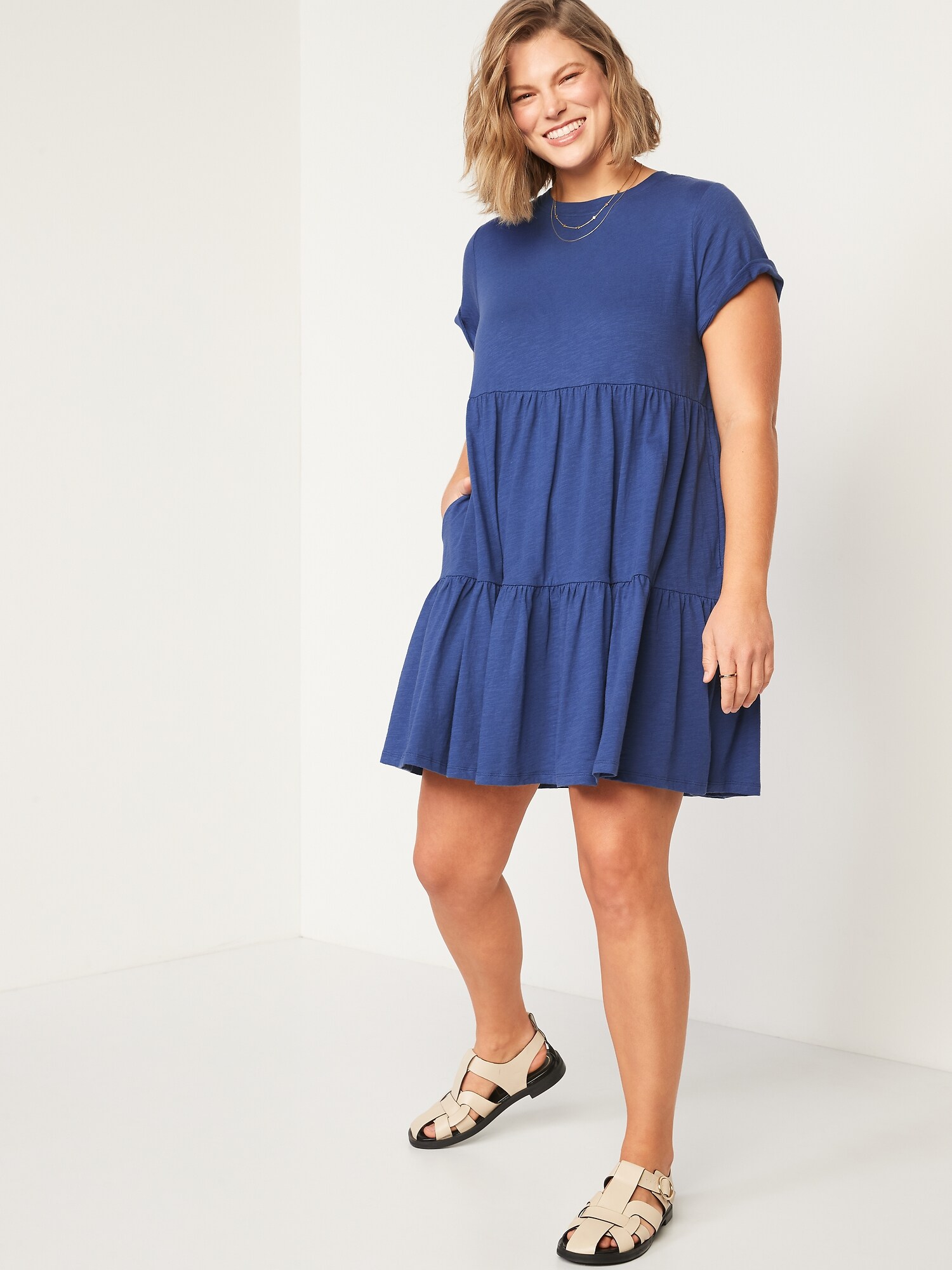 Short-Sleeve Tiered Slub-Knit Mini Swing Dress for Women | Old Navy