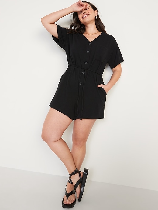Image number 5 showing, Textured-Knit Utility Short-Sleeve Romper for Women -- 3.5-inch inseam