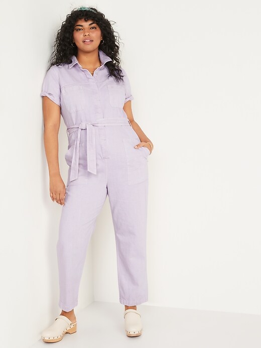 Image number 5 showing, Short-Sleeve Cropped Tie-Belt Utility Non-Stretch Jean Jumpsuit for Women
