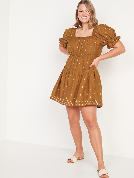 Image number 5 showing, Puff-Sleeve Tiered Smocked Embroidered Mini Swing Dress