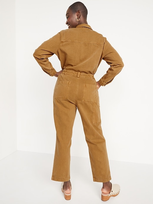 Image number 6 showing, Long-Sleeve Cropped Jean Utility Jumpsuit