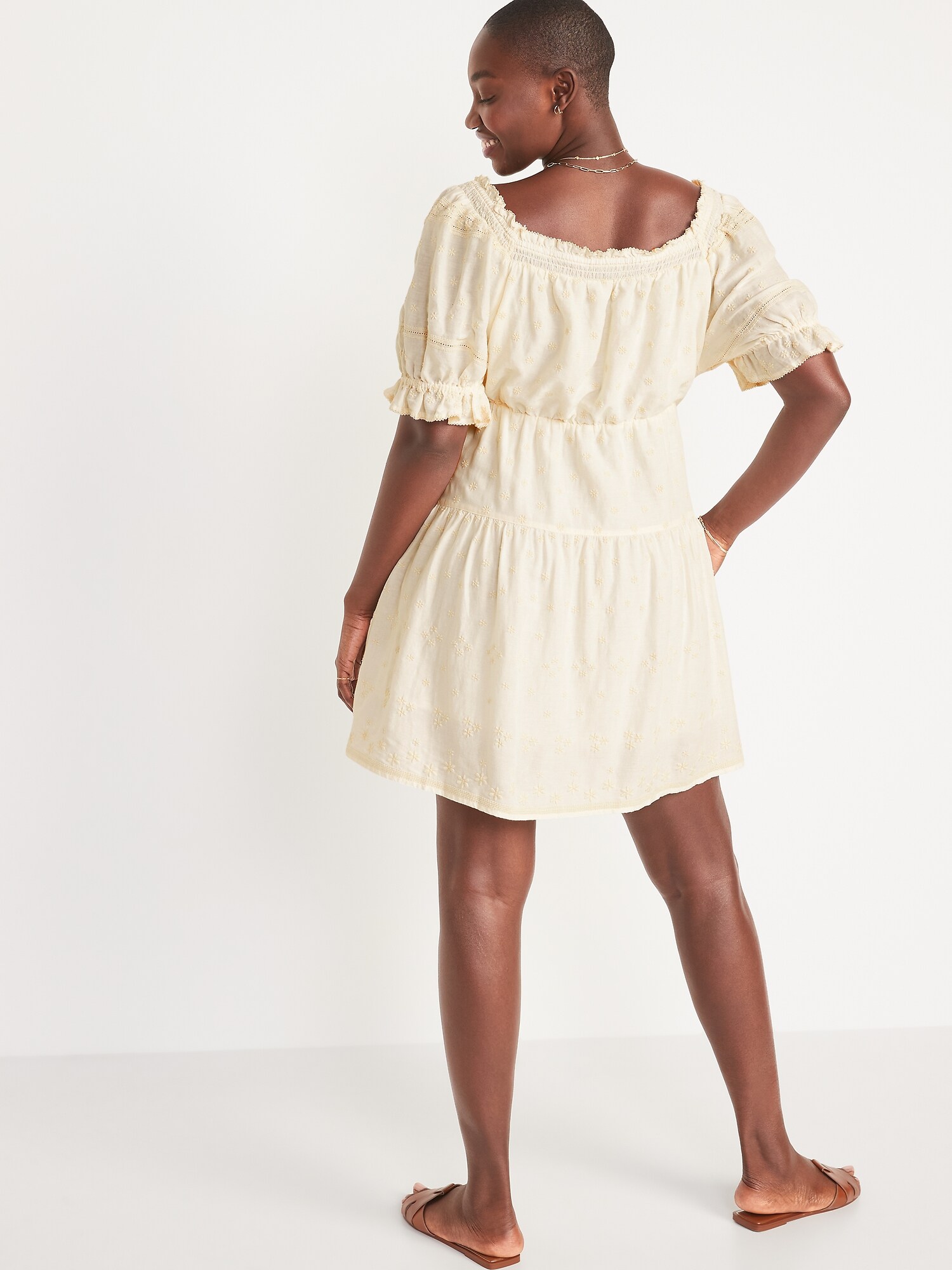 Puff-Sleeve Tiered Smocked Embroidered 