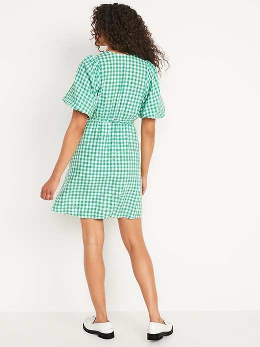 Image number 2 showing, Waist-Defined Puff-Sleeve Gingham Mini Wrap Dress