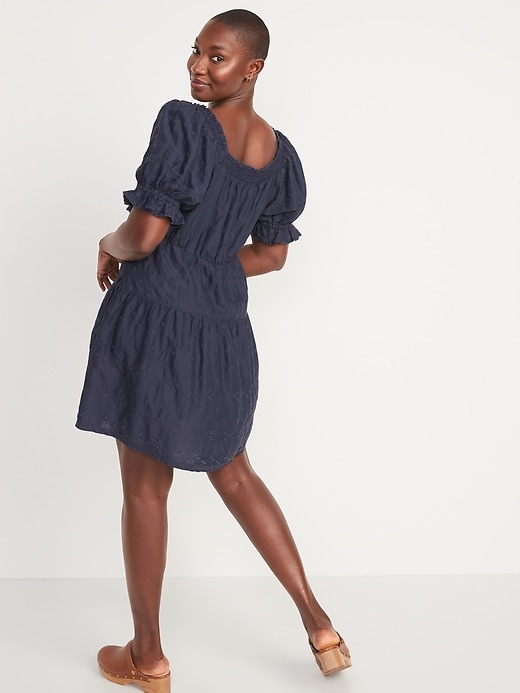 Image number 6 showing, Puff-Sleeve Tiered Smocked Embroidered Mini Swing Dress