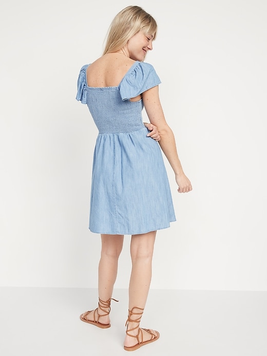 Image number 2 showing, Fit & Flare Flutter-Sleeve Smocked Chambray Mini Dress for Women