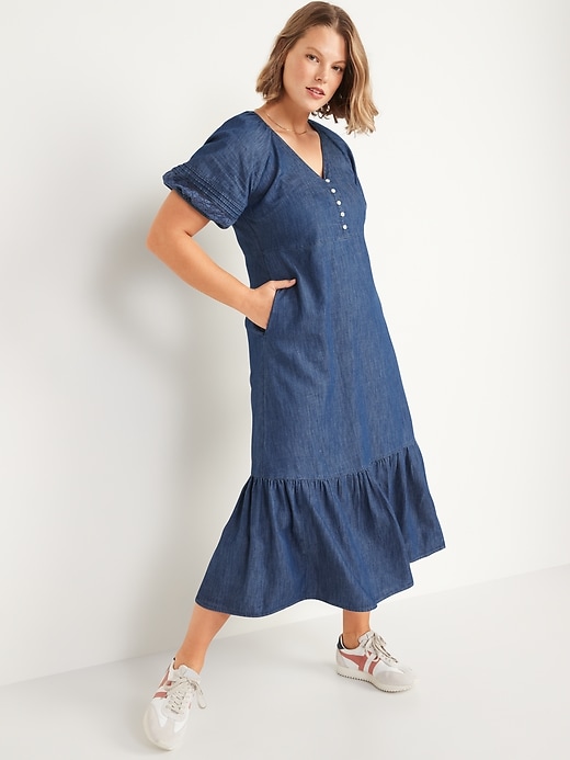 Image number 5 showing, Chambray Puff-Sleeve All-Day Maxi Swing Dress