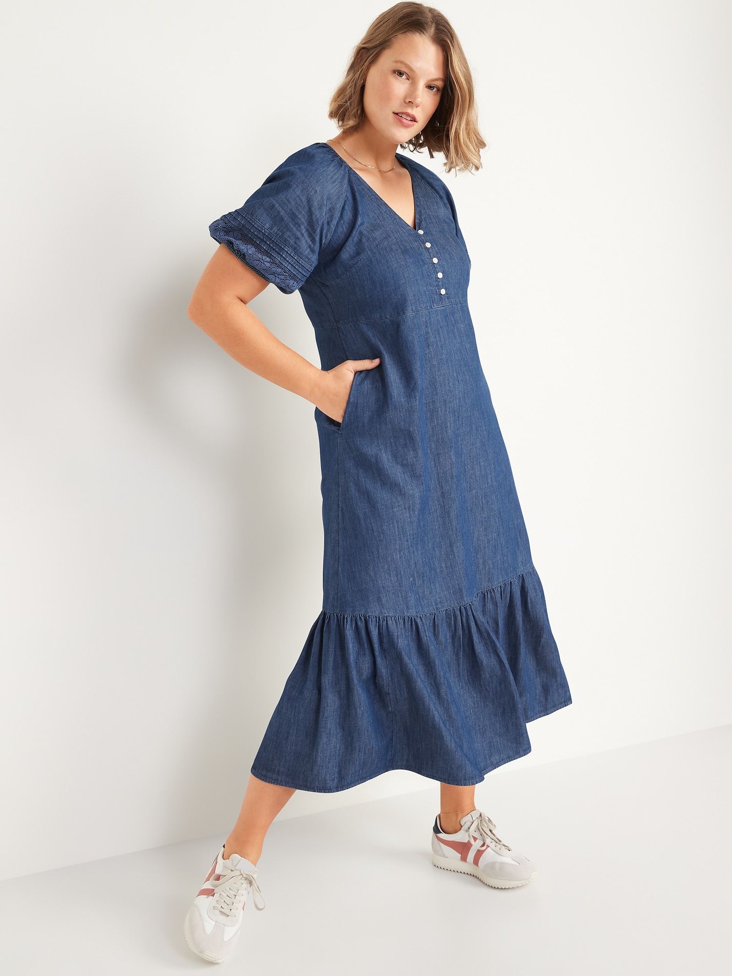 Chambray Puff-Sleeve All-Day Maxi Swing Dress for Women | Old Navy