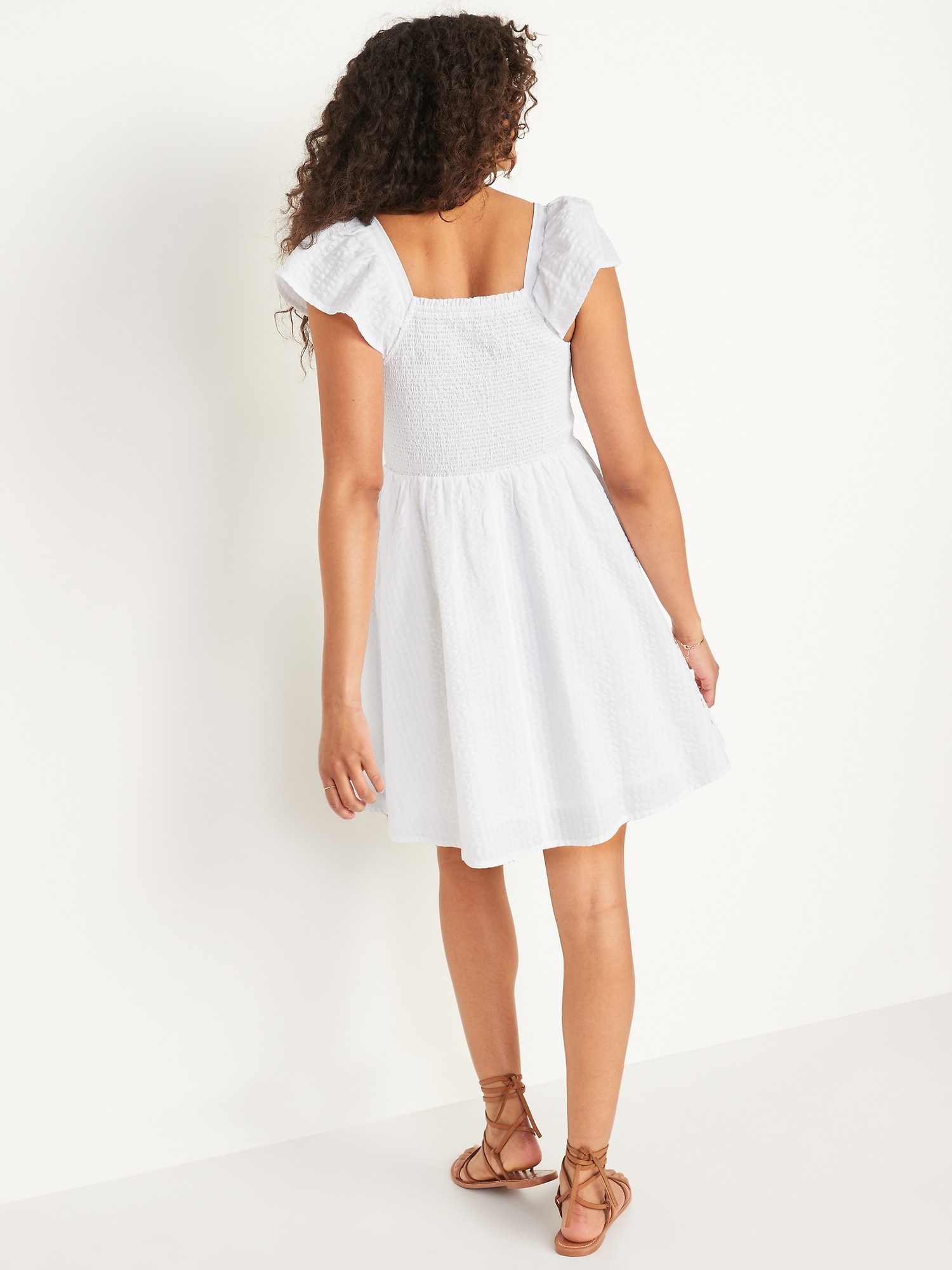 Fit & Flare Flutter-Sleeve Smocked Seersucker Mini Dress for Women ...