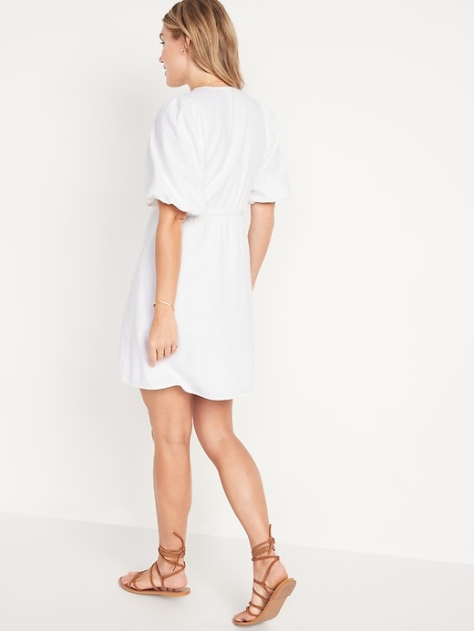 Image number 2 showing, Waist-Defined Puff-Sleeve Linen-Blend Mini Wrap Dress