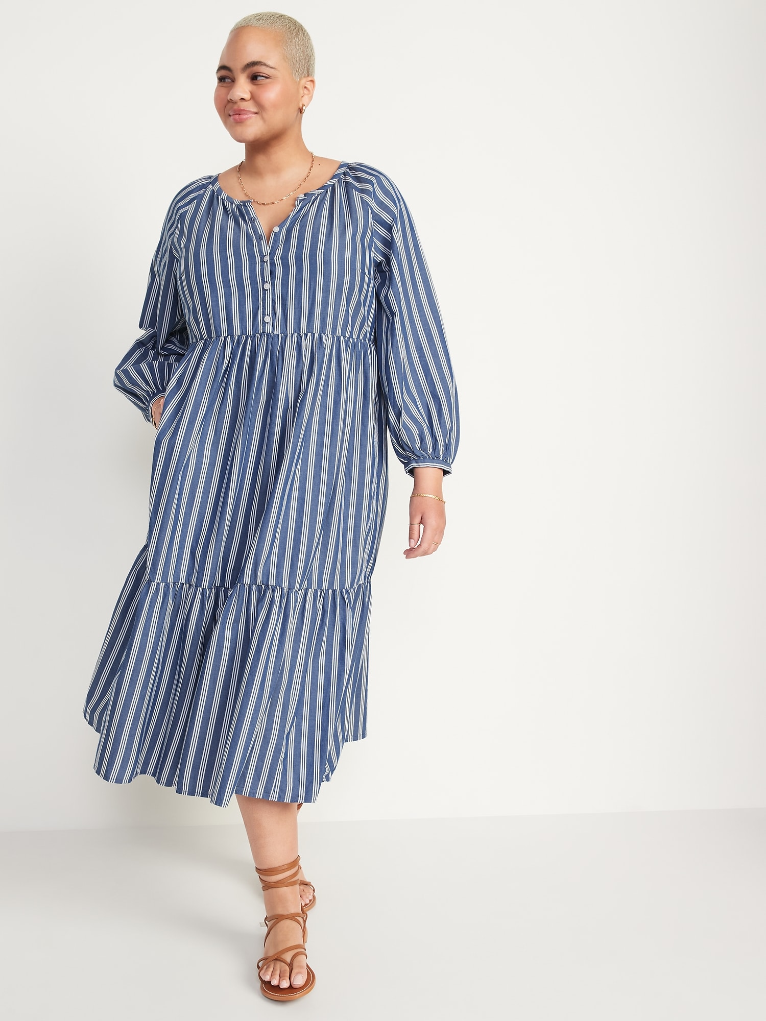 Striped Button-Front All-Day Midi Swing Dress for Women | Old Navy