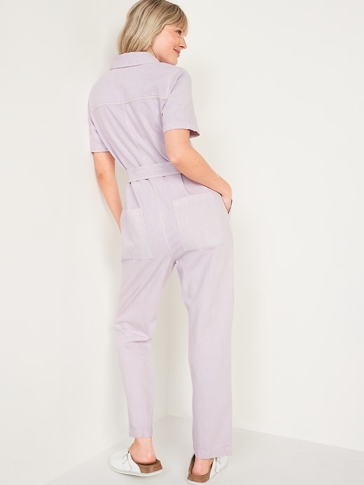 Image number 2 showing, Short-Sleeve Cropped Tie-Belt Utility Non-Stretch Jean Jumpsuit for Women