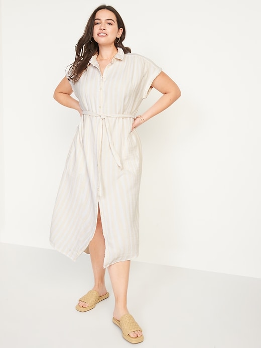 Image number 5 showing, Short-Sleeve Waist-Defined Striped Midi Shirt Dress