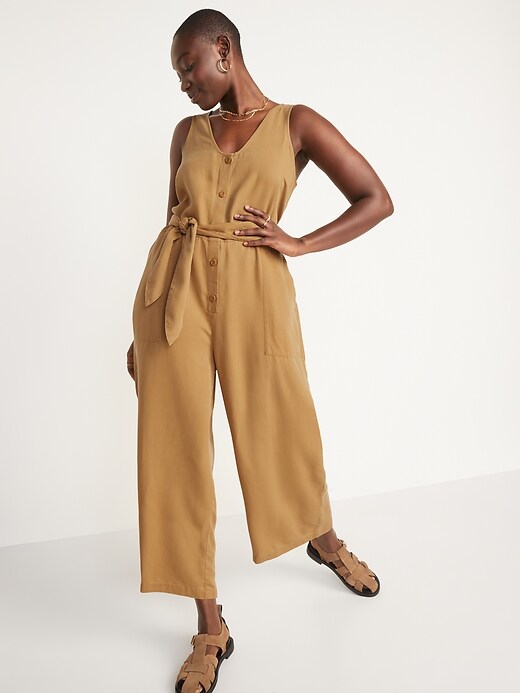 Image number 5 showing, Sleeveless Voop-Neck Waist-Defined Jumpsuit for Women
