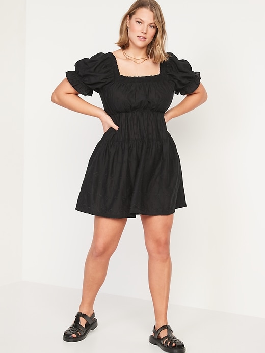Image number 5 showing, Puff-Sleeve Tiered Smocked Embroidered Mini Swing Dress
