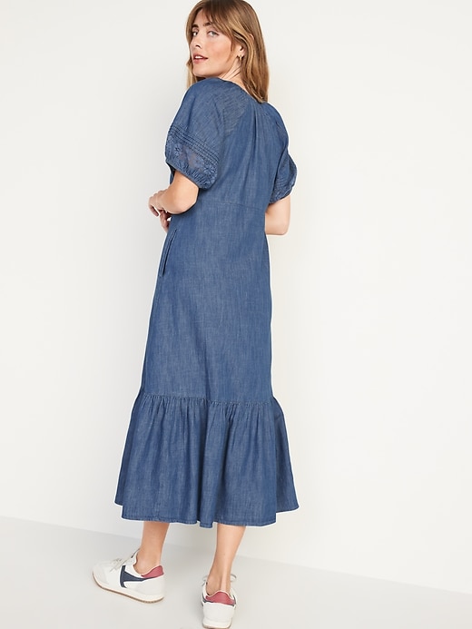 Image number 2 showing, Chambray Puff-Sleeve All-Day Maxi Swing Dress