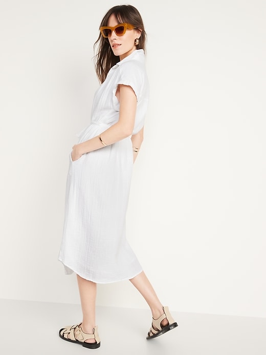 Image number 2 showing, Short-Sleeve Waist-Defined Midi Shirt Dress for Women