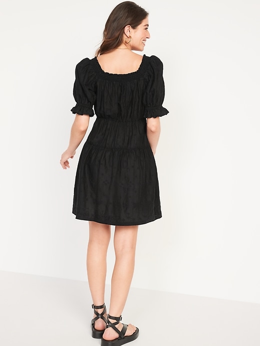 Image number 2 showing, Puff-Sleeve Tiered Smocked Embroidered Mini Swing Dress