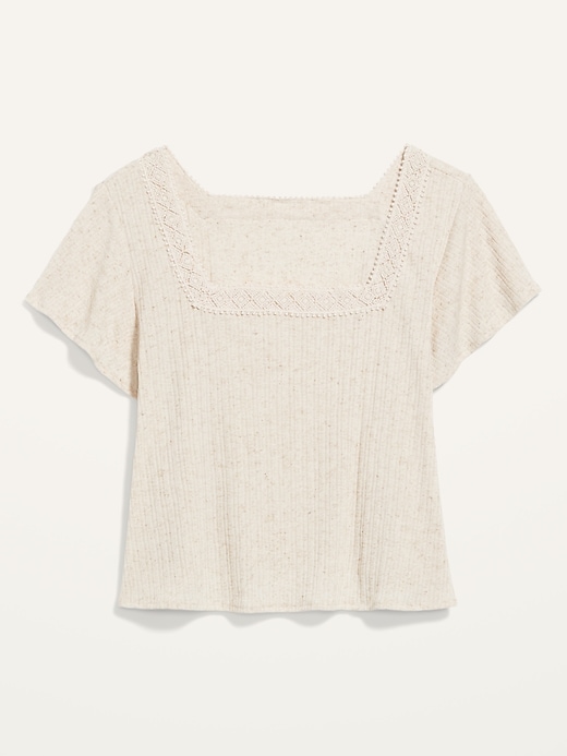 Flutter-Sleeve Crochet Lace-Trimmed Pointelle-Knit Swing Blouse for ...