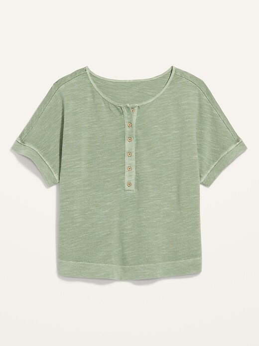 Image number 4 showing, Short-Sleeve Cropped Crinkled Slub-Knit Henley T-Shirt for Women